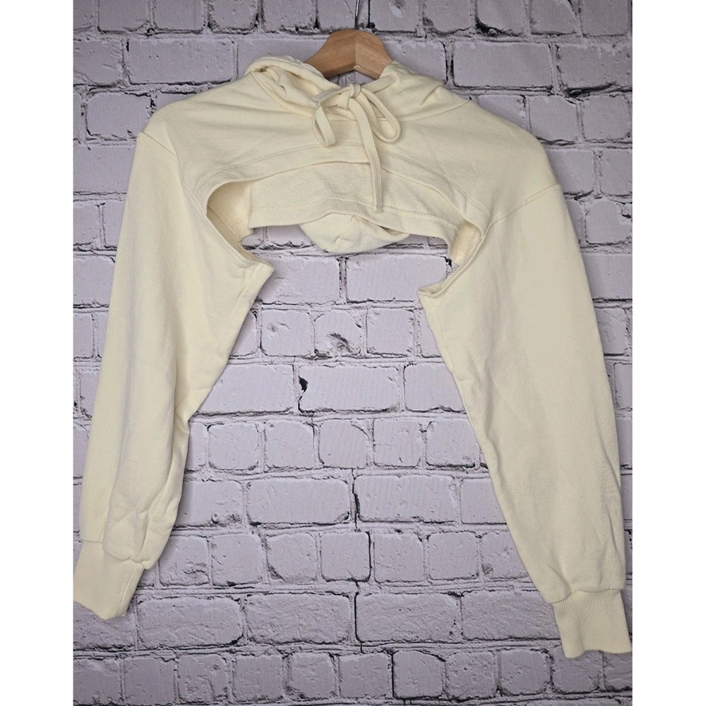 Zara Cotton Hooded Shawl Shrug Super Crop Top‎ Hoodie Cream Beige Size Small S